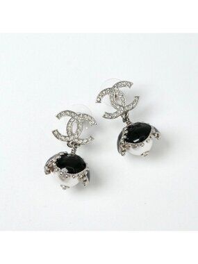 Chanel Earrings Silver Black Coco Mark Rhinestone Flower